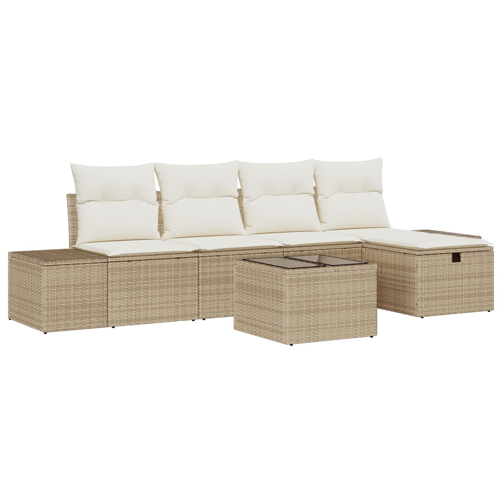 6 Dels Havensofa Sæt med Puder Beige Poly Rattan