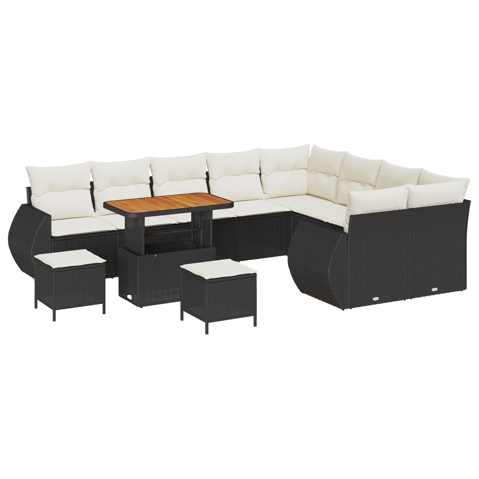 12 Piece Have Sofa Sæt med Puder Sort Poly Rattan Akacietræ,  3 Piece Have Spisestue Sæt med Puder Sort Poly Rattan Akacietræ