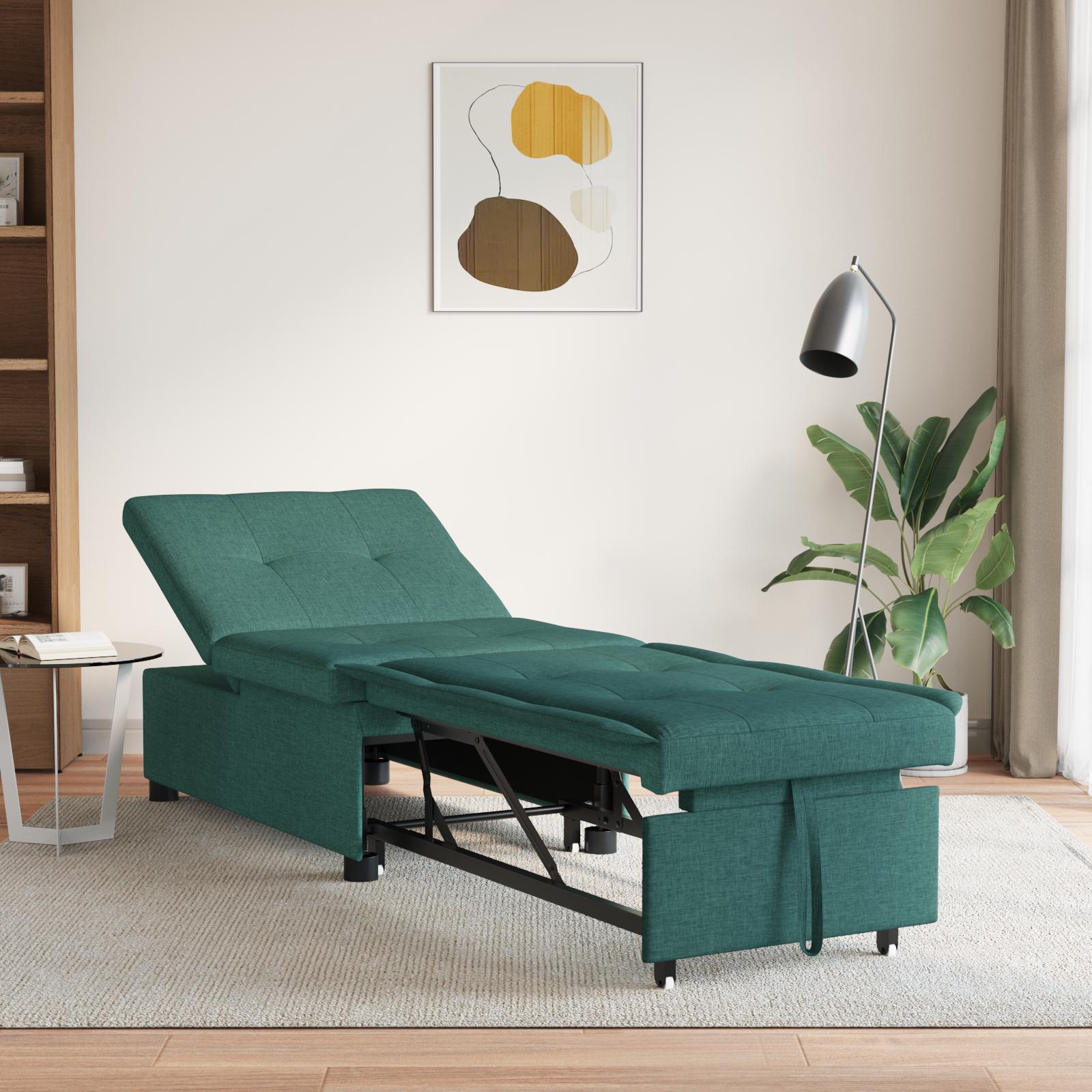 3-i-1 Sofa Bed - Utrækkelig design i mørkegrøn stof