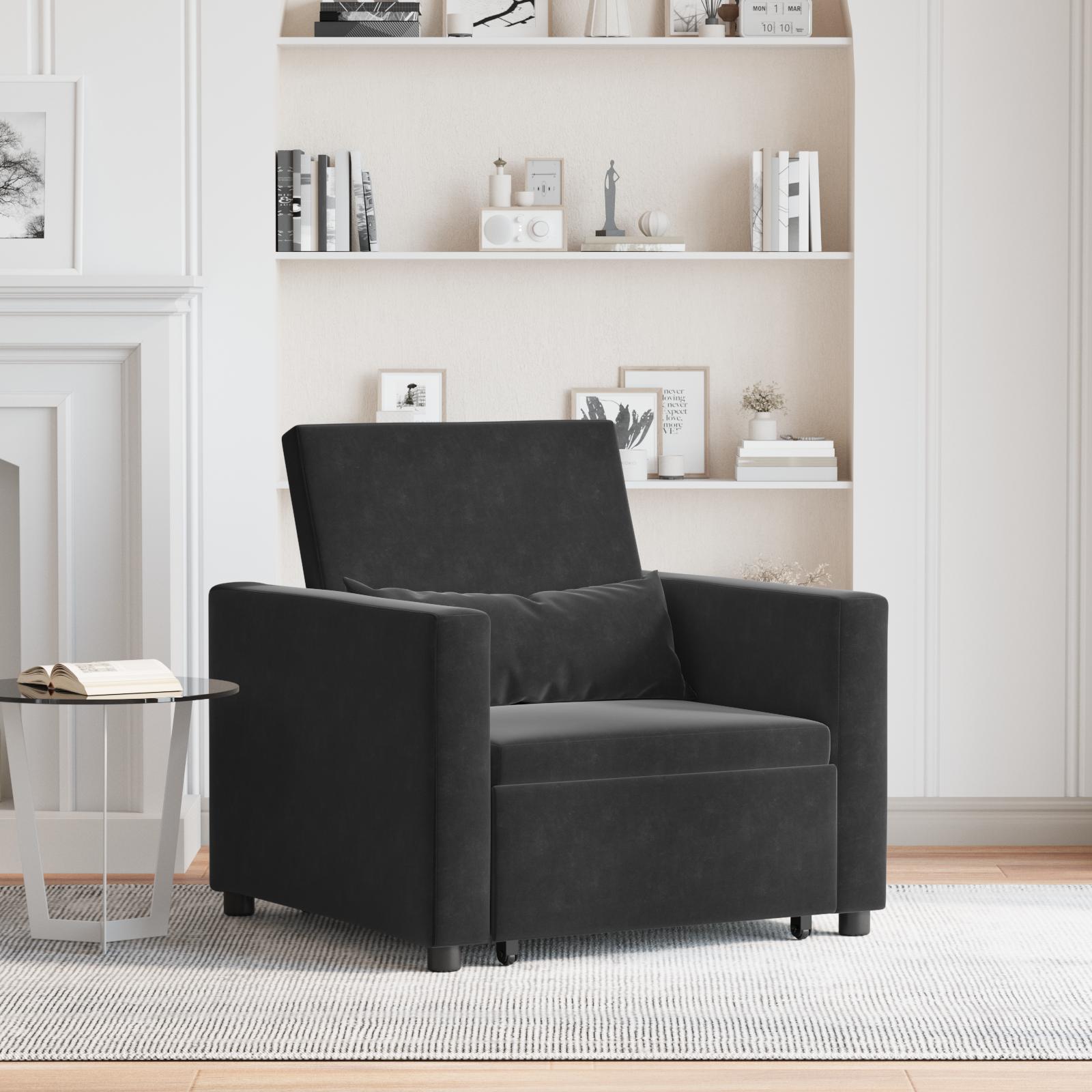 3-i-1 Enkel Sovesofa Konvertibel Sort Fløjl