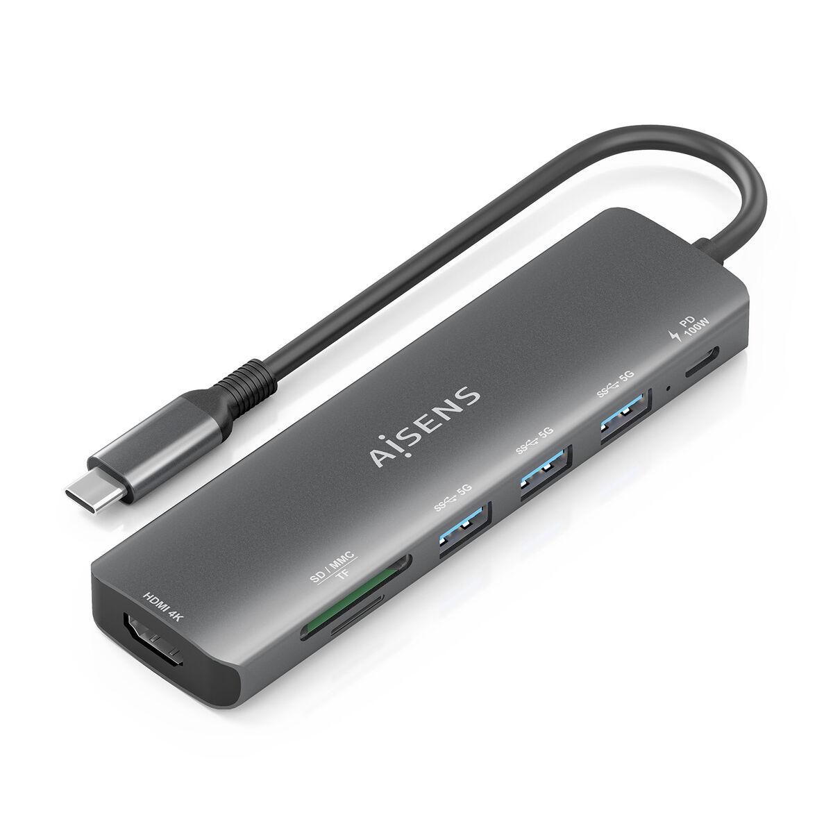 Aisens USB-C hub ASUC-7P025-GR, grå - 7-i-1 med HDMI 4K og kortlæser