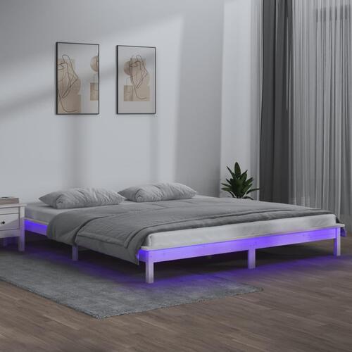 Sengeramme med LED-lys 140x200 cm massivt træ hvid