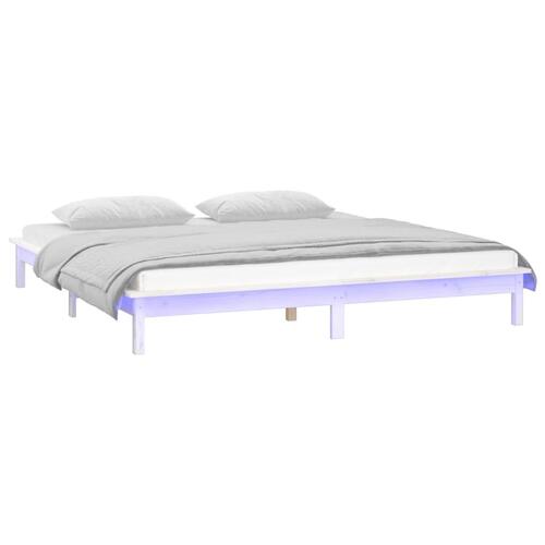 Sengeramme med LED-lys 140x200 cm massivt træ hvid
