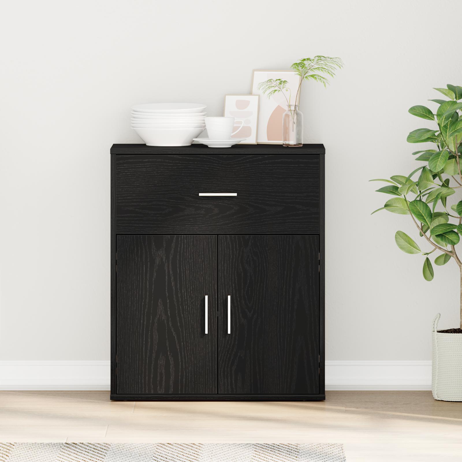 Sideboard med skuffe med hylde Sort eg 60 x 31 x 70 cm Konstrueret træ