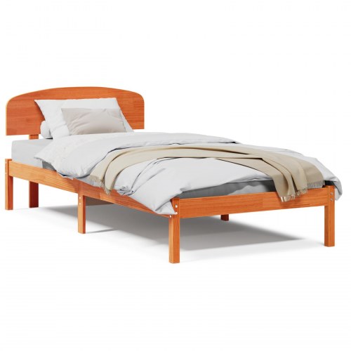 Sengestel med hovedgærde i voksbrun massiv fyrretræ - 70 x 190 cm