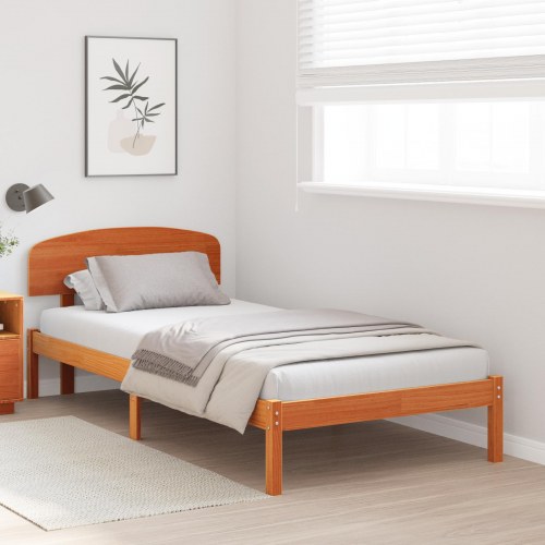 Sengestel med hovedgærde i voksbrun massiv fyrretræ - 70 x 190 cm