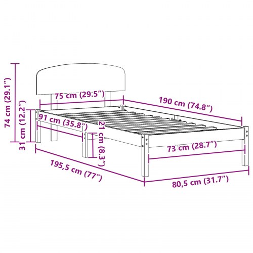 Sengestel med hovedgærde i voksbrun massiv fyrretræ - 70 x 190 cm