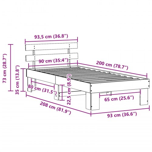 Sengestel med hovedgærde 90 x 200 cm - voks brun massiv fyrretræ