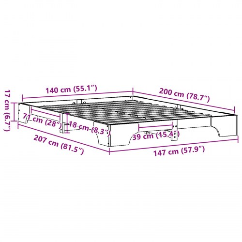 Sengestel i massiv fyrretræ 140 x 200 cm - naturfarvet