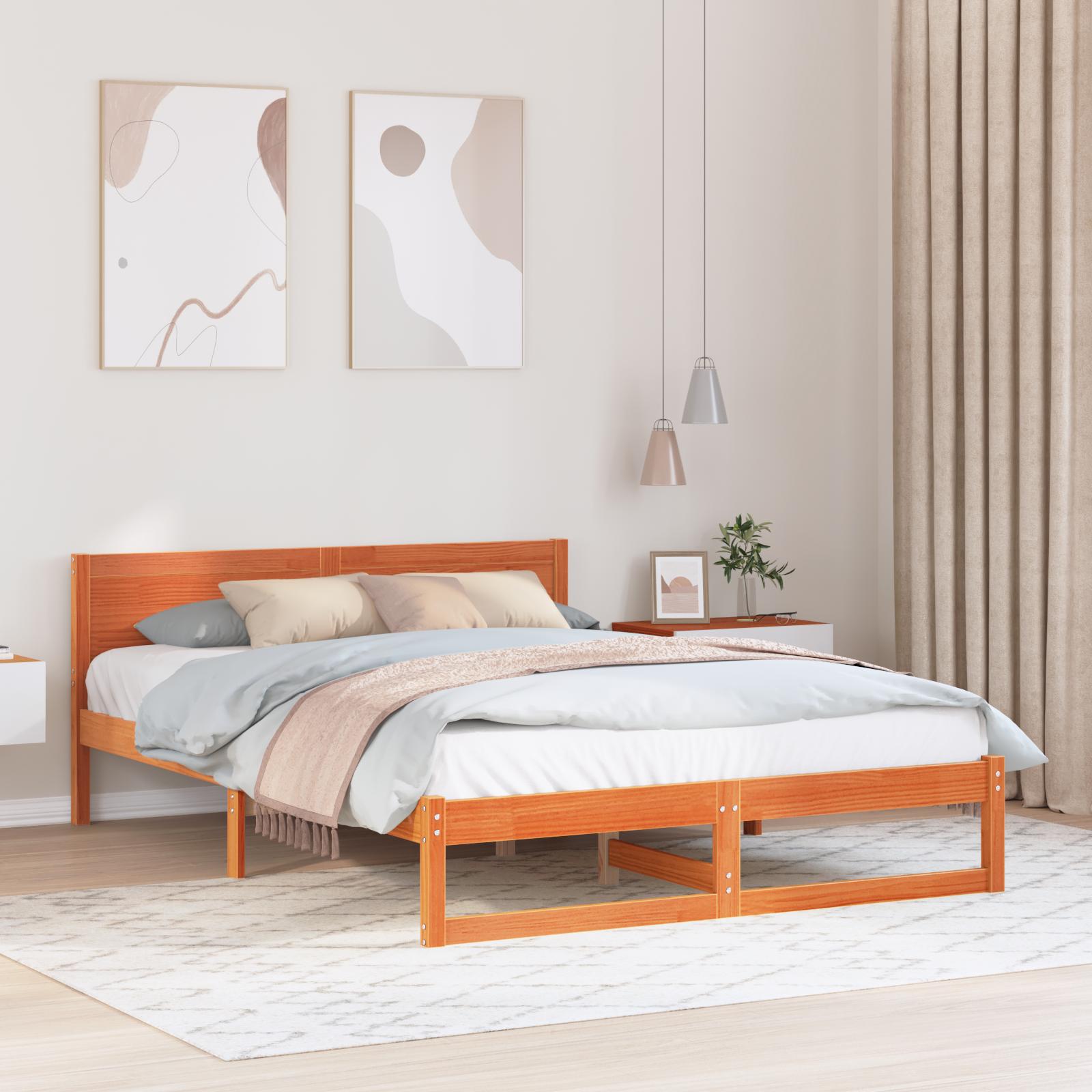 Sengestel Voks brun Massivt fyrretræ 150 x 200 cm Rektangulær billede