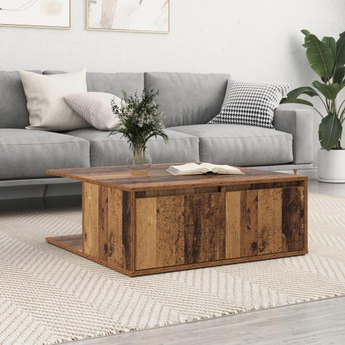 Sofabord i gammelt træ med 2 skuffer - 80 x 80 x 31,5 cm