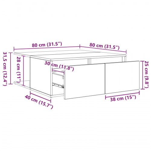 Sofabord i gammelt træ med 2 skuffer - 80 x 80 x 31,5 cm