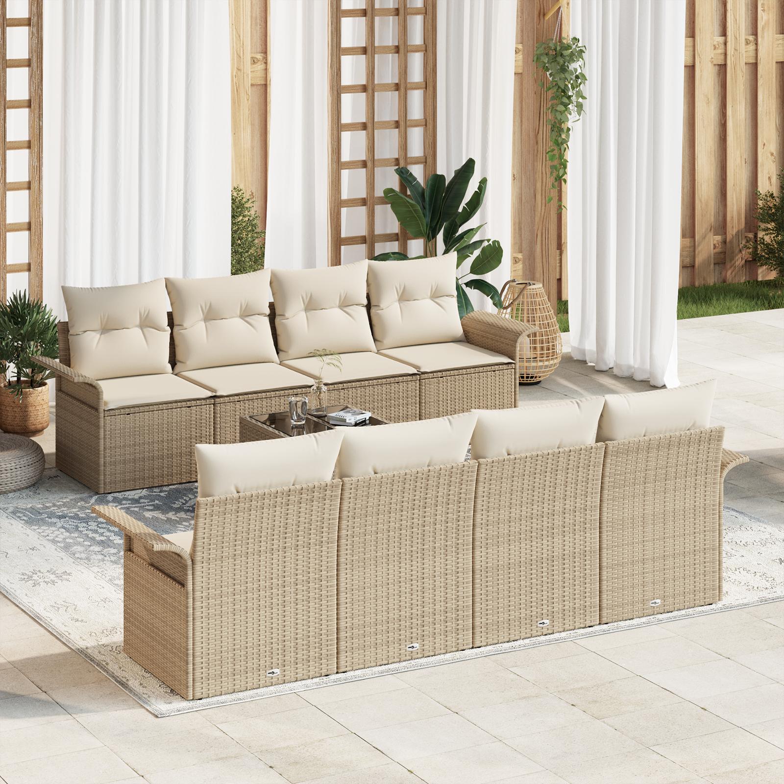 9 Delers Have Sofa Sæt med Hynder Beige Poly Rattan&& 2-personers Have Sofa med Opbevaring & Hynder Beige Poly Rattan