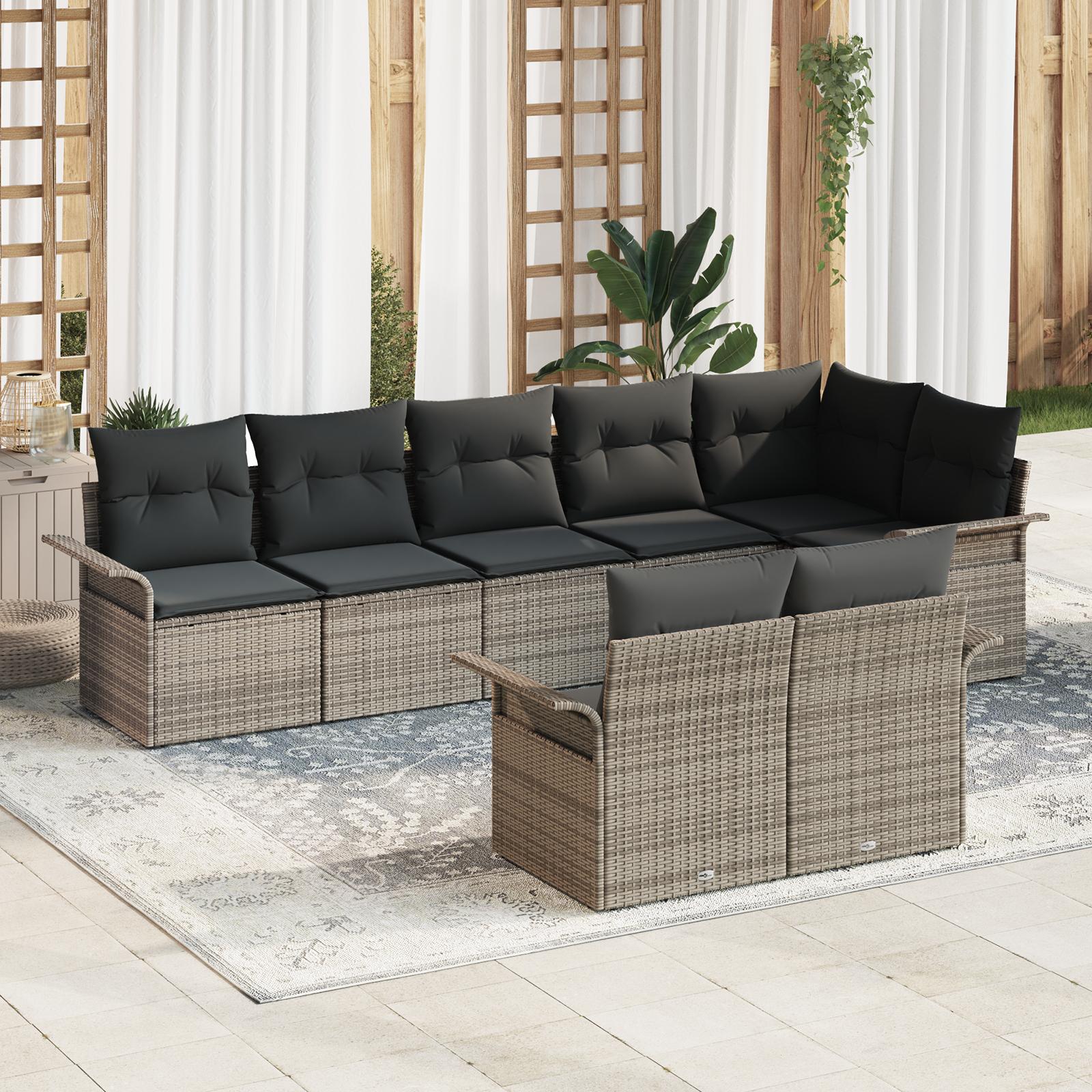 8-delt have sofa sæt med grå puder i poly rattan&& 2-personers have sofa med opbevaring & puder i grå poly rattan