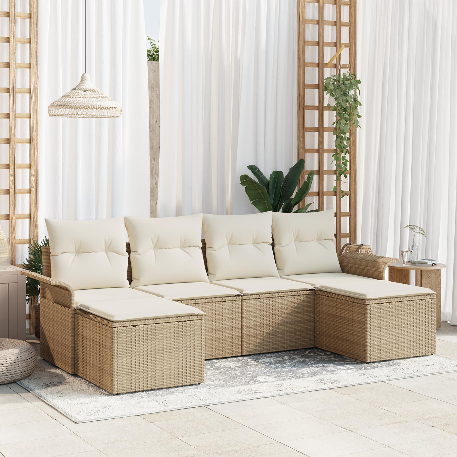 6 delers have sofa sæt med puder beige poly rattan&& 2-personers have sofa med opbevaring og puder beige poly rattan