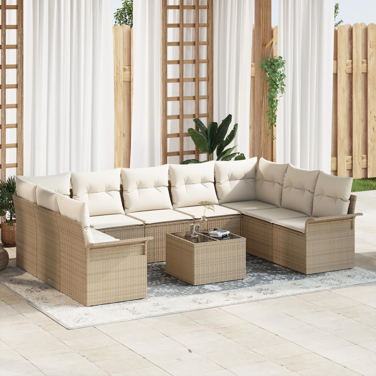 10 Stykker Have Sofagruppe med Puder Brun Poly Rattan&& 2-personers Have Sofa med Opbevaring & Puder Beige Poly Rattan