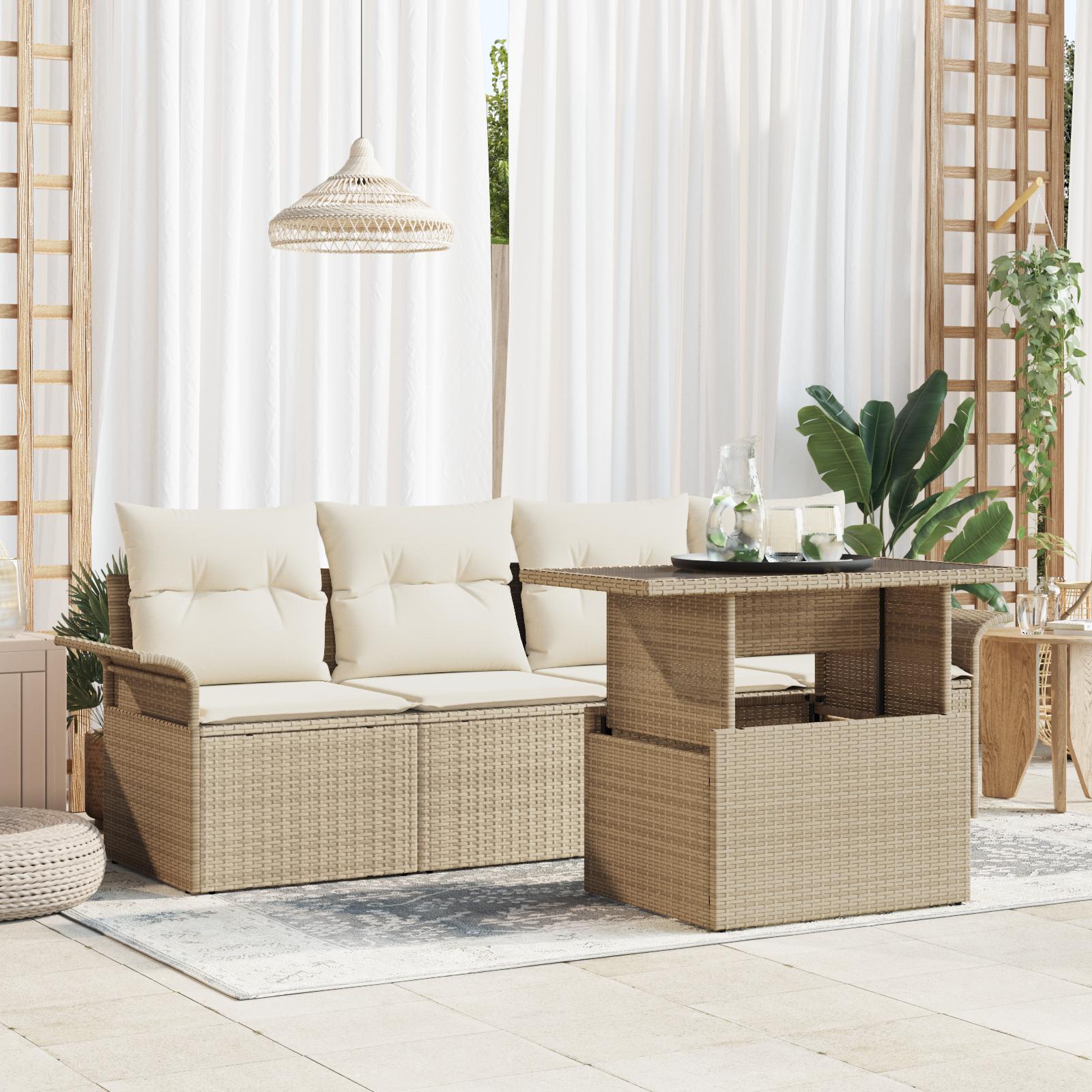 5 Deles Havesofa Sæt med Puder Beige Poly Rattan&& 2-personers havemøbel med lager & puder Beige Poly Rattan