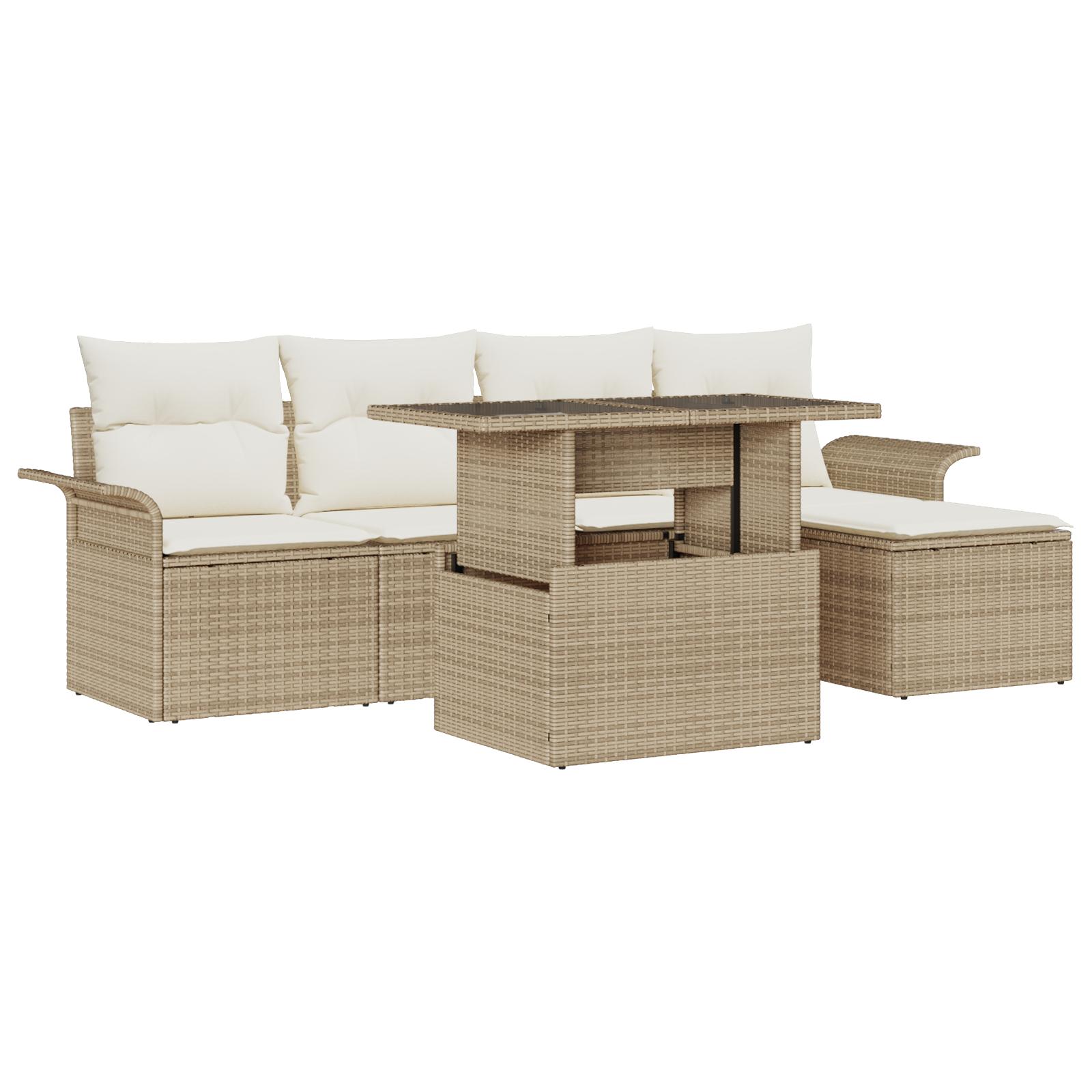 6 Stk Have Sofa Set med Hynder Beige Poly Rattan&& 2-Sæders Have Sofa med Opbevaring & Hynder Beige Poly Rattan