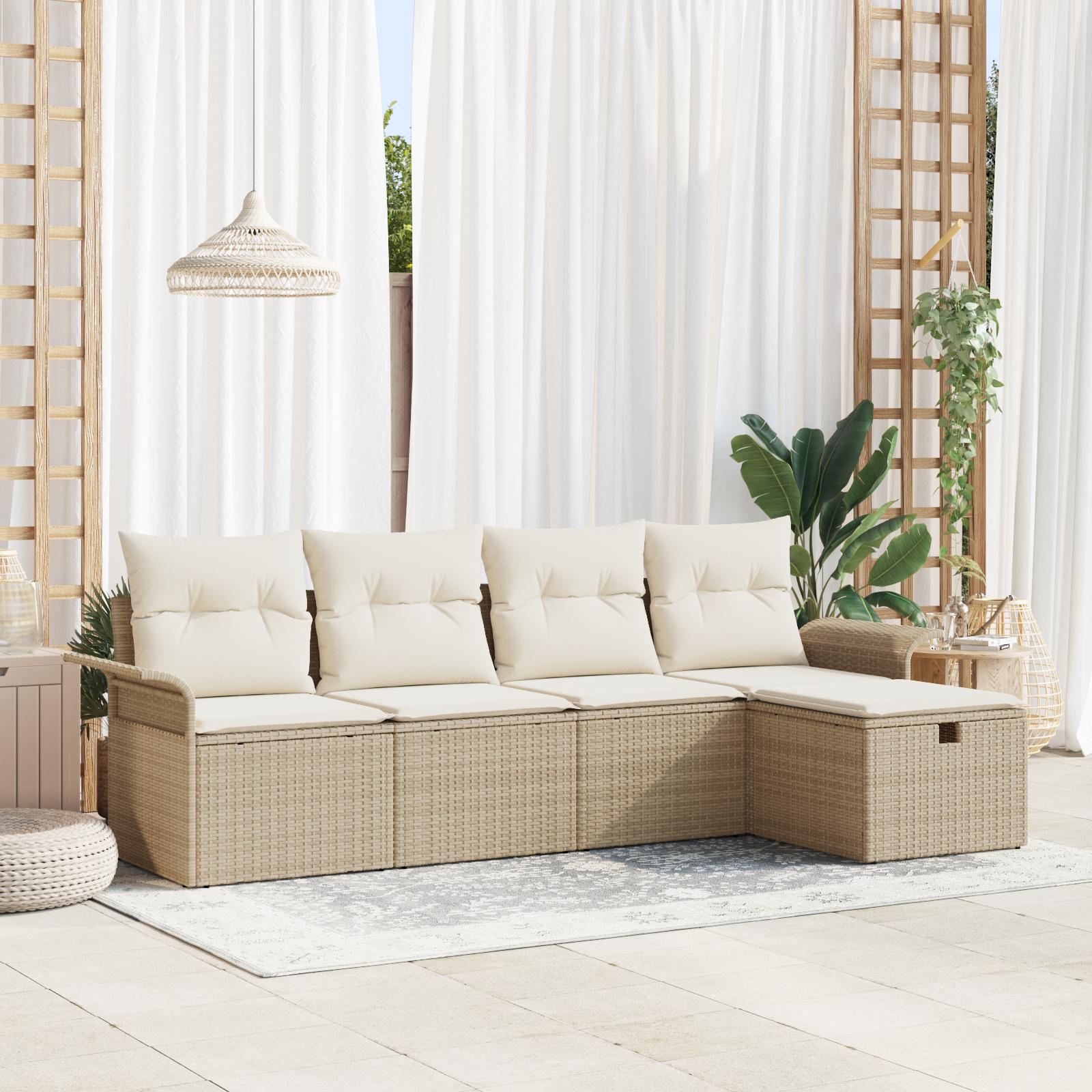 5 Piece Havesofa Sæt med Puder Beige Poly Rattan&& 2-Sæders Havesofa med Opbevaring & Puder Beige Poly Rattan