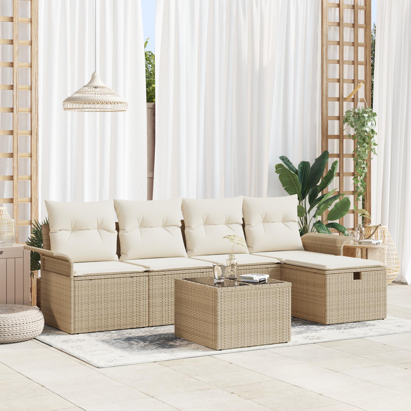 6 dele Have Sofa Sæt med Hynder Beige Poly Rattan&& 2-Personers Have Sofa med Opbevaring & Hynder Beige Poly Rattan