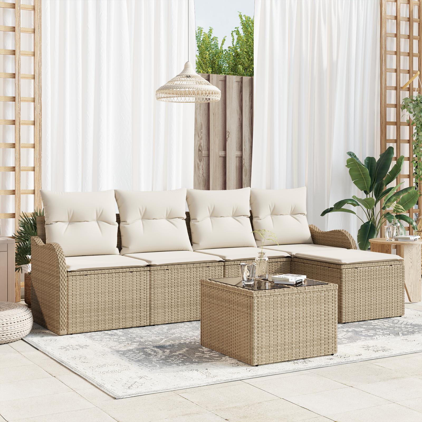 6 Stykker Have Sofa Sæt med Hynder Brun Poly Rattan&& 2-Sæders Have Sofa med Opbevaring & Hynder Beige Poly Rattan