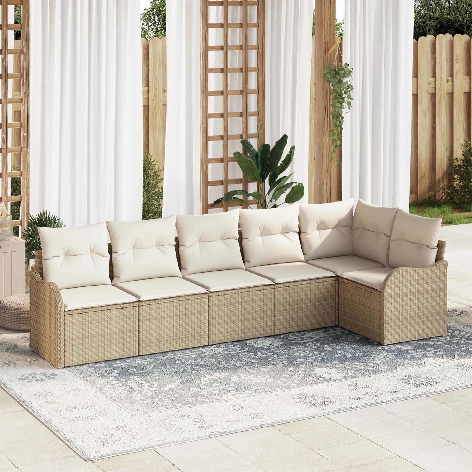 6 Stykker Have Sofasæt med Puder Beige Poly Rattan&& 2-personers Have Sofa med Opbevaring & Puder Beige Poly Rattan