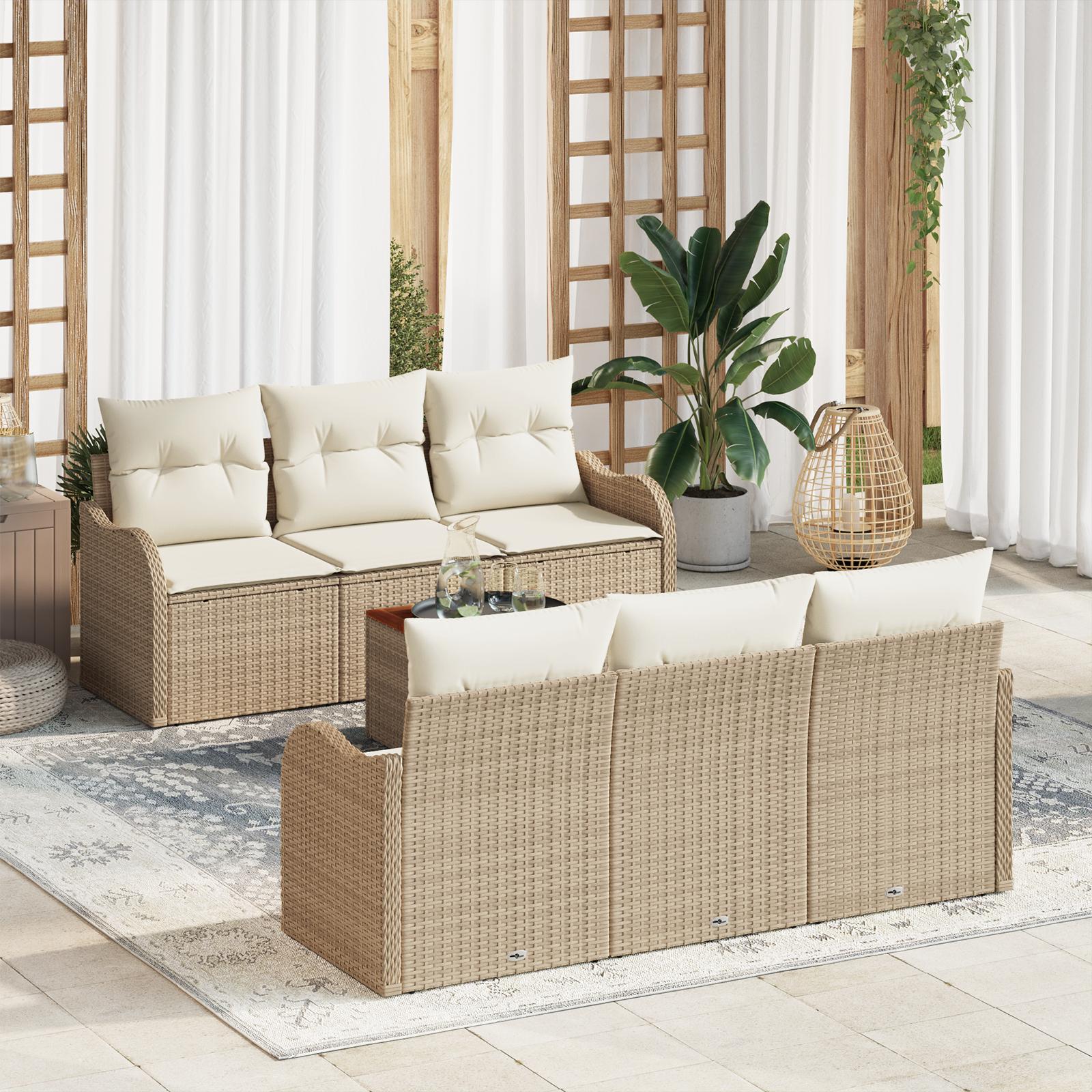 7 dele havesofa sæt med puder Beige Poly Rattan Akacia&& 2-personers havesofa med opbevaring & puder Beige Poly Rattan