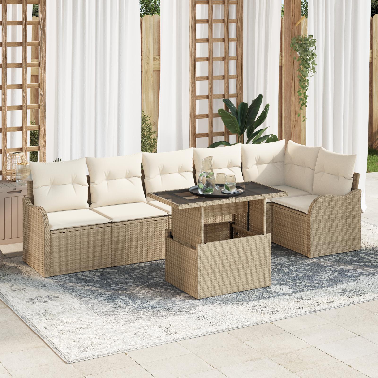 7 Stykke Have Sofa Sæt med Puder Beige Poly Rattan&& 2-personers Have Sofa med Opbevaring & Puder Beige Poly Rattan