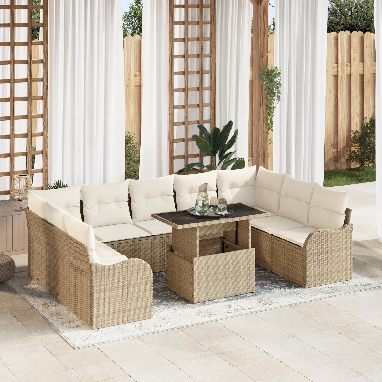 10 delers havesofa sæt med puder beige poly rattan&& 2-personers havesofa med opbevaring og puder beige poly rattan