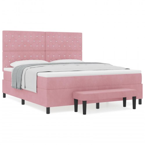 Box Spring Seng med Madras & Bænk Rosa 180x200 cm Fløjl