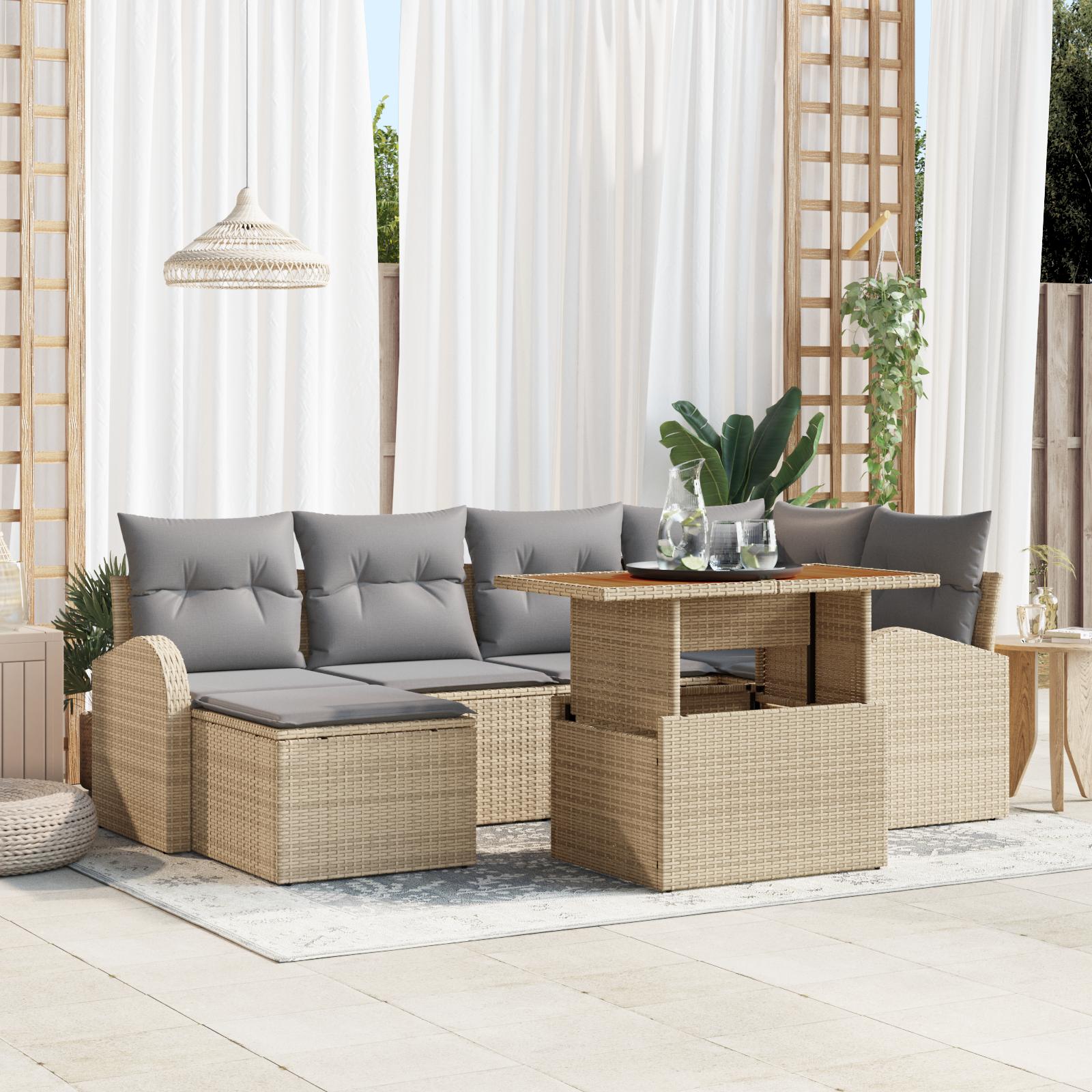 7-Personers Have Sofa Sæt med Puder Beige Poly Rattan&& 2-personers Have Sofa med Opbevaring & Puder Beige Poly Rattan