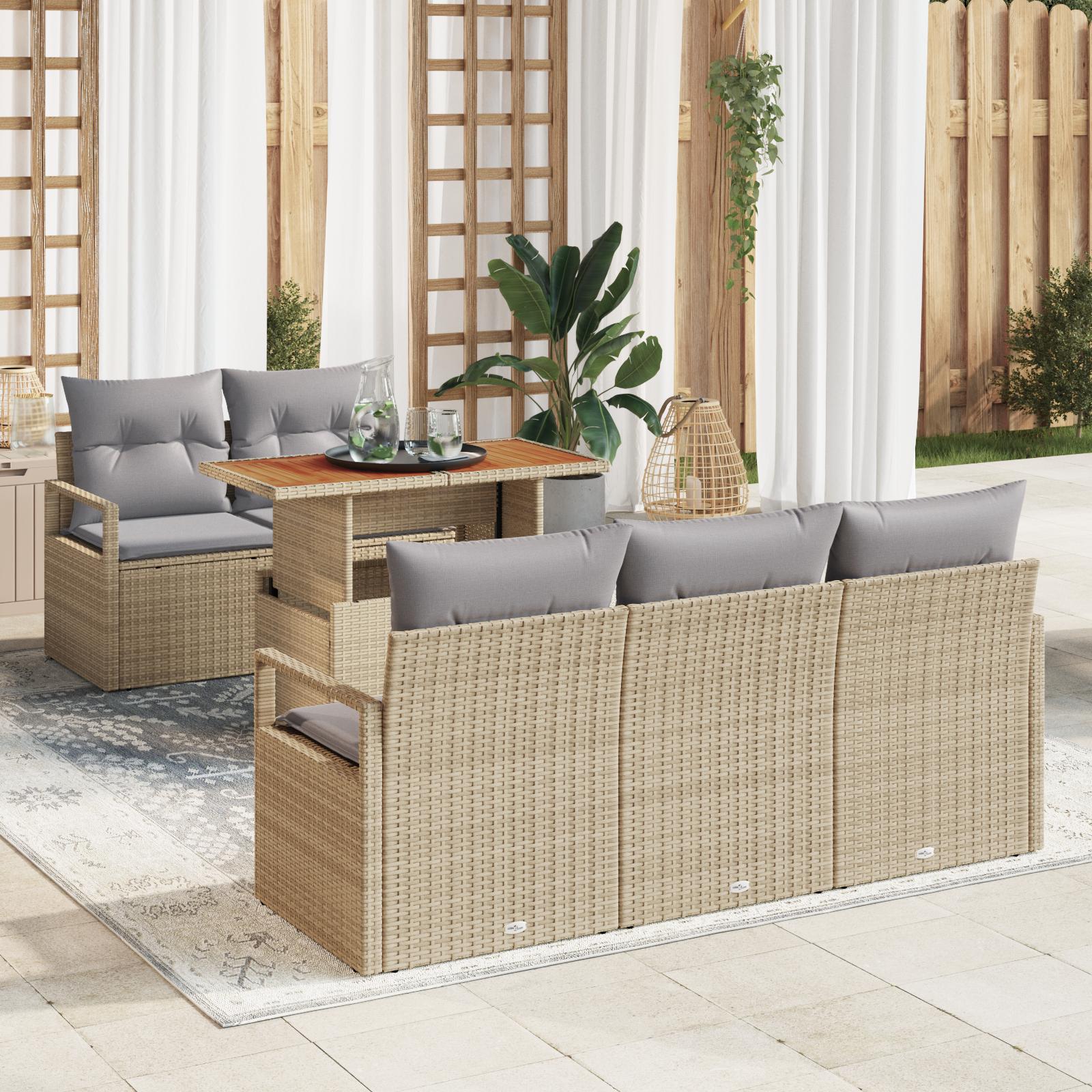 6-delt Have Sofa Sæt med Hynder Beige Poly Rattan&& 2-personers Have Sofa med Opbevaring & Hynder Beige Poly Rattan