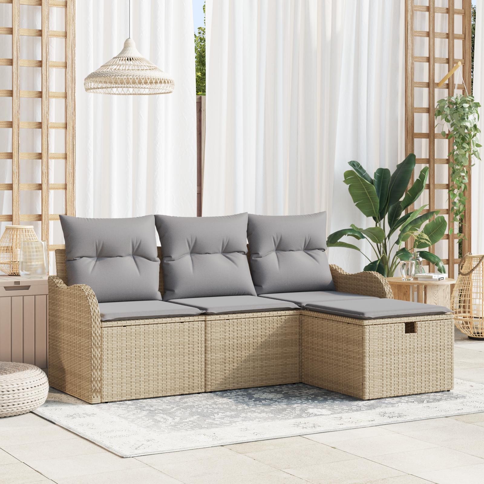 Havesofa Sæt med pude 4 stk beige og lysegrå Poly rattan billede