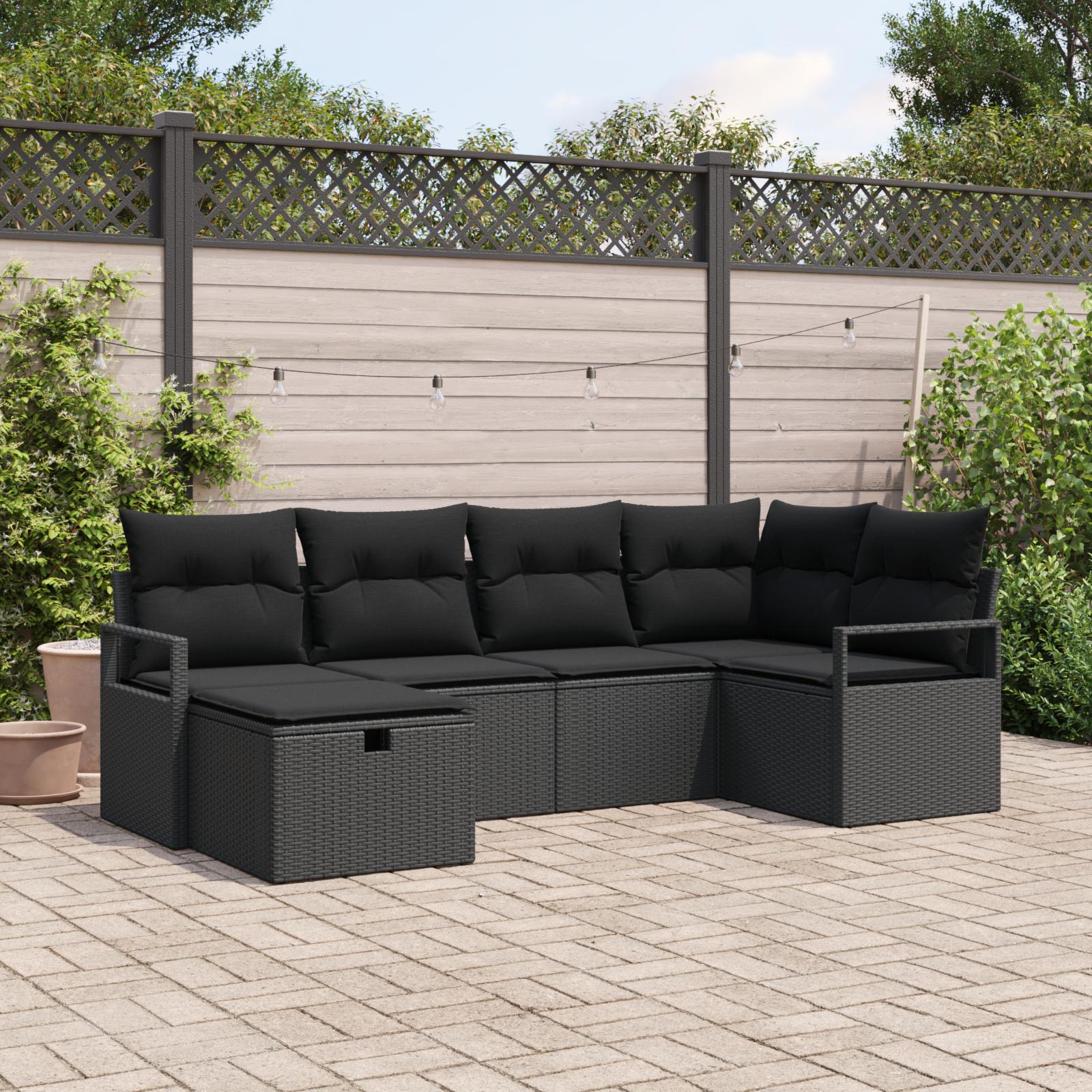 Havesofa Sæt med pude 6 stk Sort 232 x 122 x 85 cm Poly rattan billede