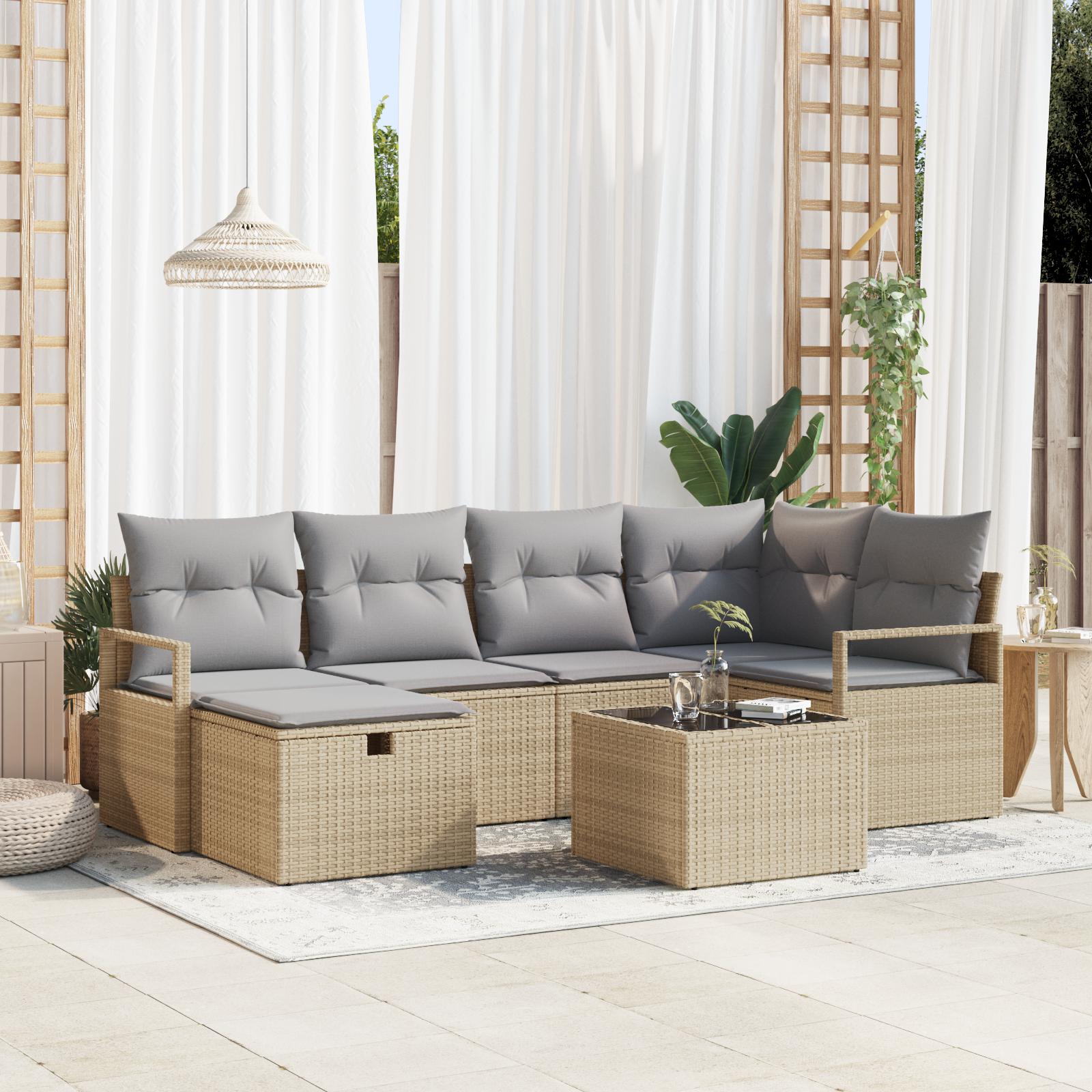 7 Stykker Have Sofa Sæt med Puder Beige Poly Rattan&& 2-Sæders Have Sofa med Puder Beige Poly Rattan