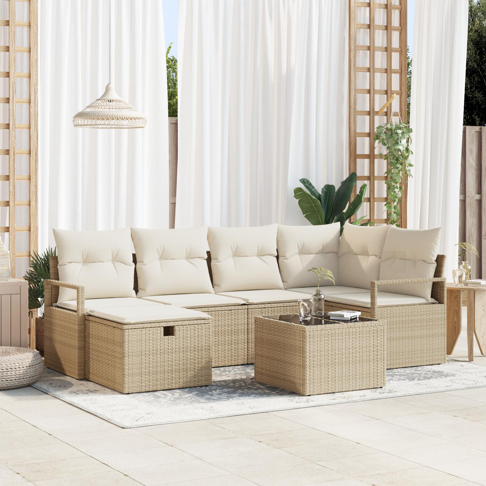 7 Delt Have Sofa Sæt med Puder Beige Poly Rattan&& 2-Sæders Have Sofa med Puder Beige Poly Rattan