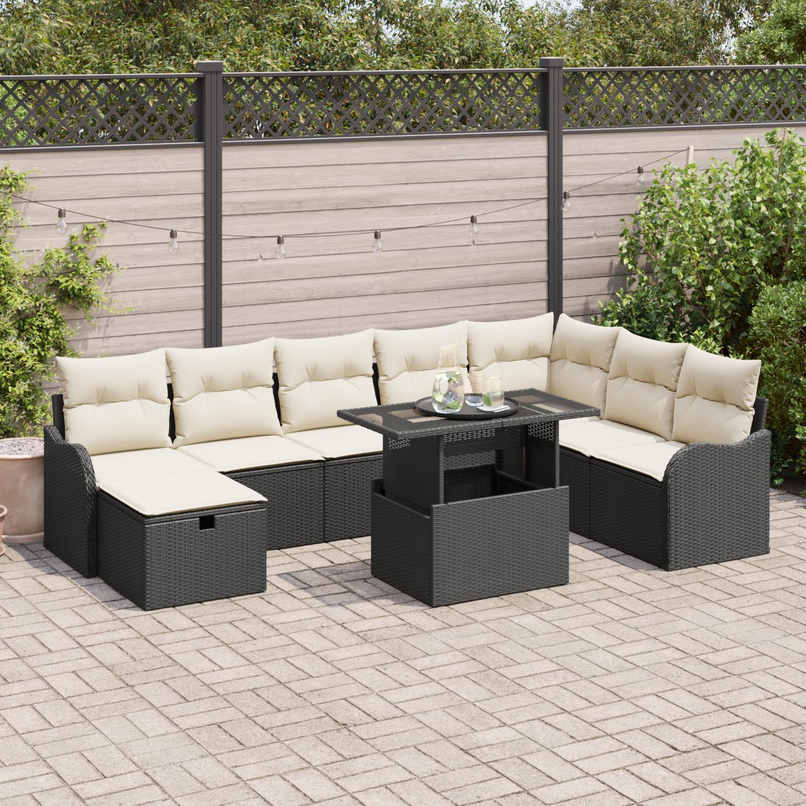 Havesofa sæt 9 stk. i sort polyrattan med højdejusterbart bord