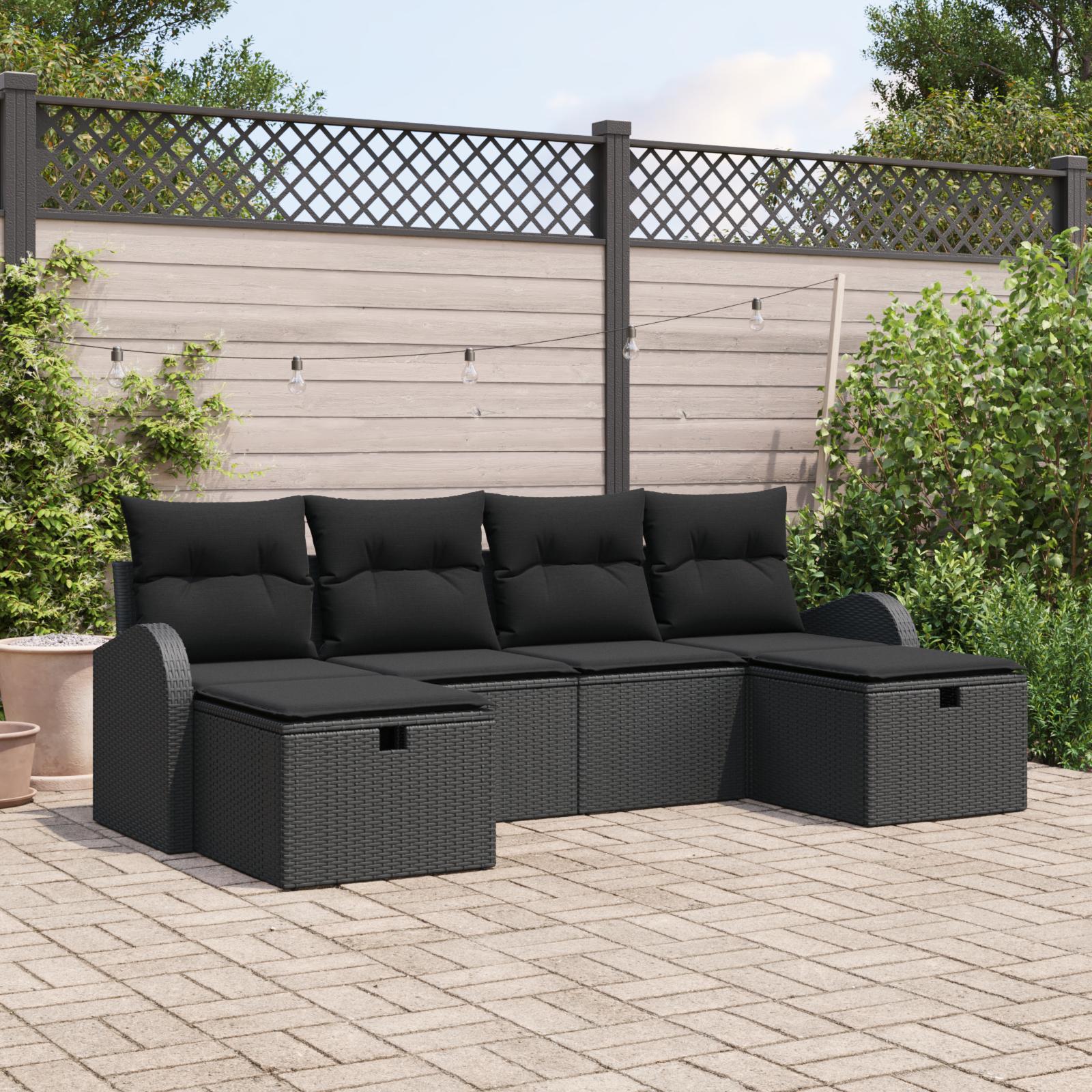 Havesofa Sæt med pude med opbevaring 6 stk Sort Poly rattan billede