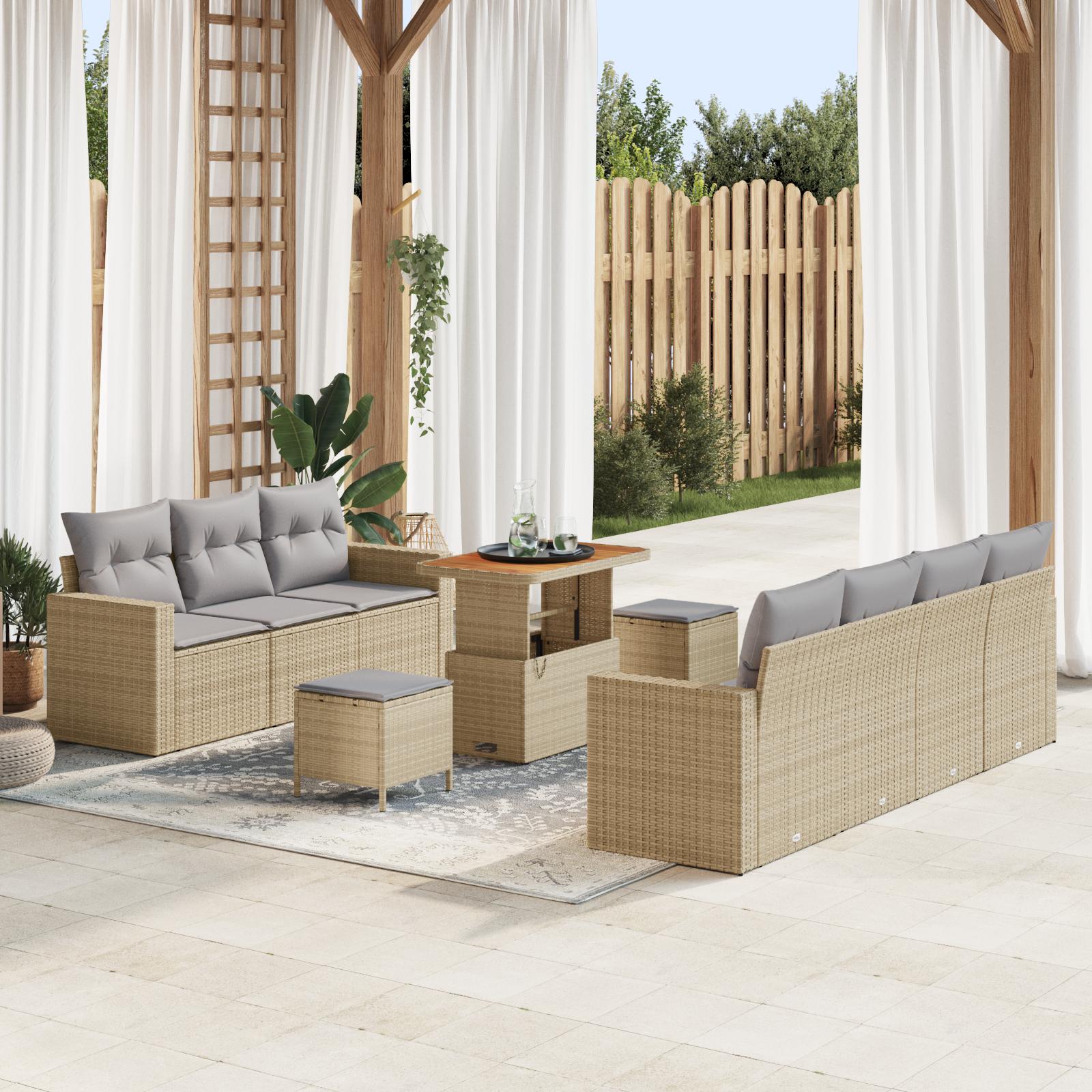 10 Piece Have Sofa Sæt med Hynder Beige Poly Rattan Akacia&& 3 Piece Have Spise Sæt med Hynder Beige Poly Rattan Akacia