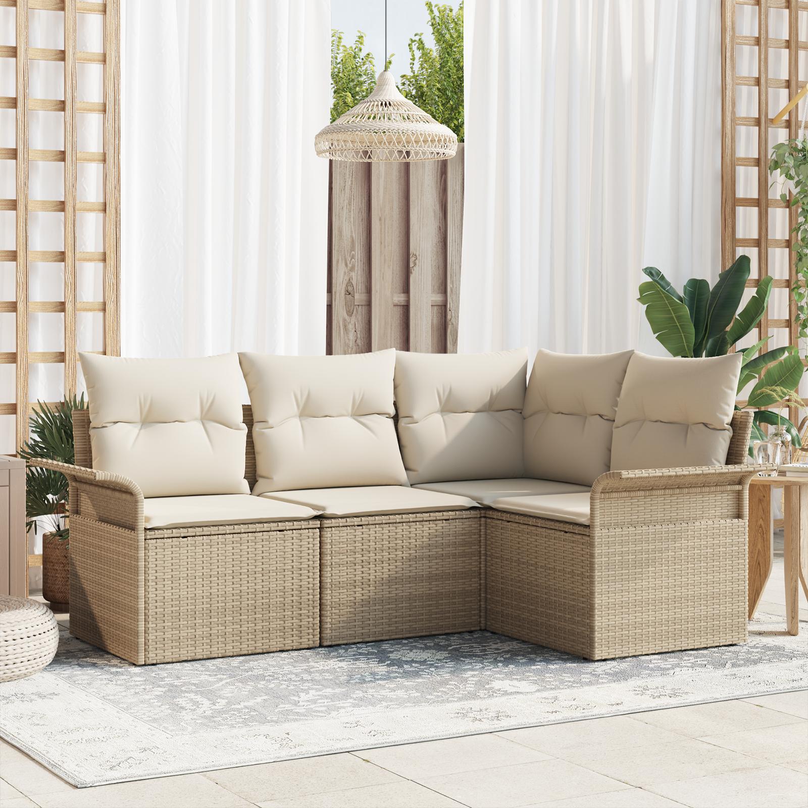 4-delt have-sofa-sæt med beige poly rattan puder&& 2-personers have sofa med opbevaring & puder beige poly rattan