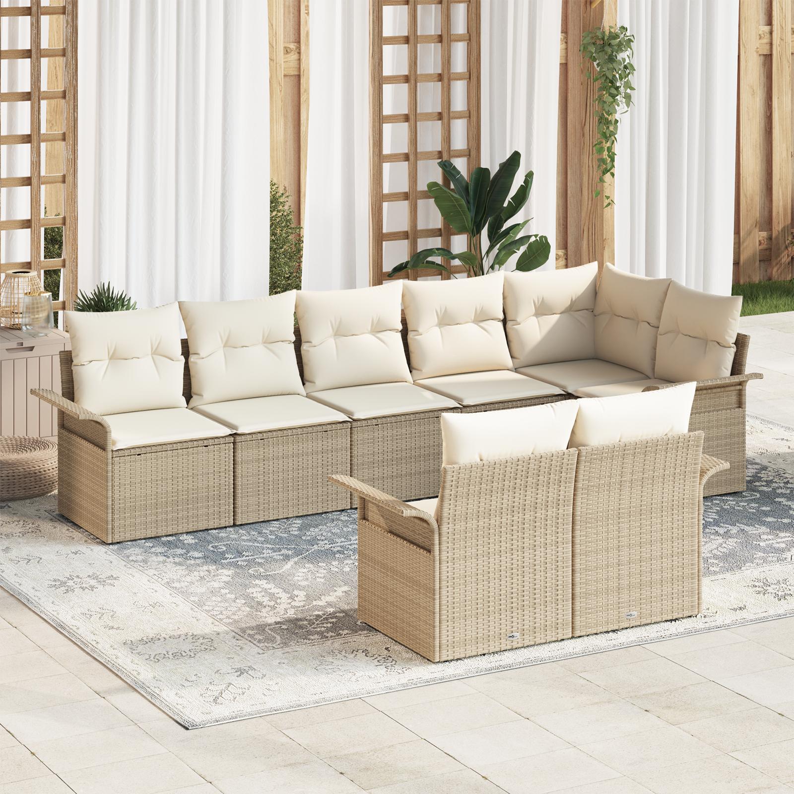 8 Delt Have Sofa Sæt med Puder Beige Poly Rattan&& 2-personers Have Sofa med Opbevaring & Puder Beige Poly Rattan