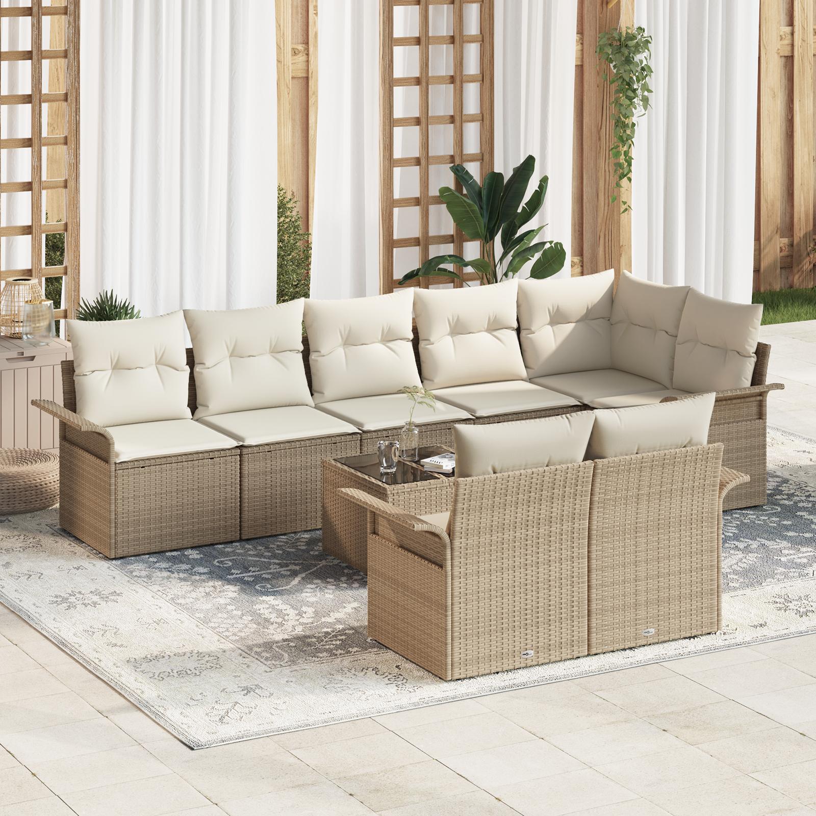 9 Stykke Have Sofa Sæt med Puder Brun Poly Rattan&& 2-personers Have Sofa med Opbevaring & Puder Beige Poly Rattan