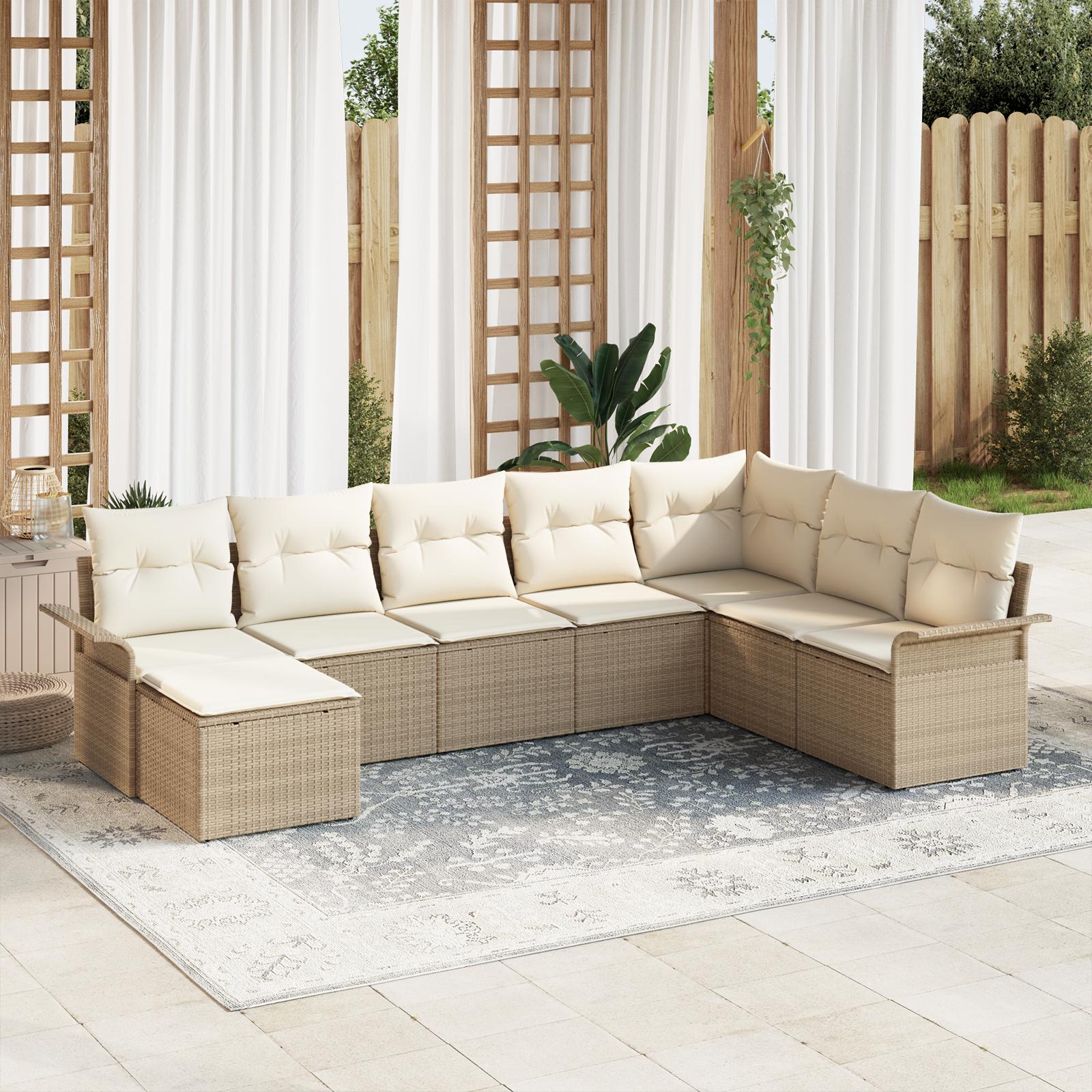 8 Delt Have Sofa Sæt med Hynder Beige Poly Rattan&& 2-personers Have Sofa med Opbevaring & Hynder Beige Poly Rattan