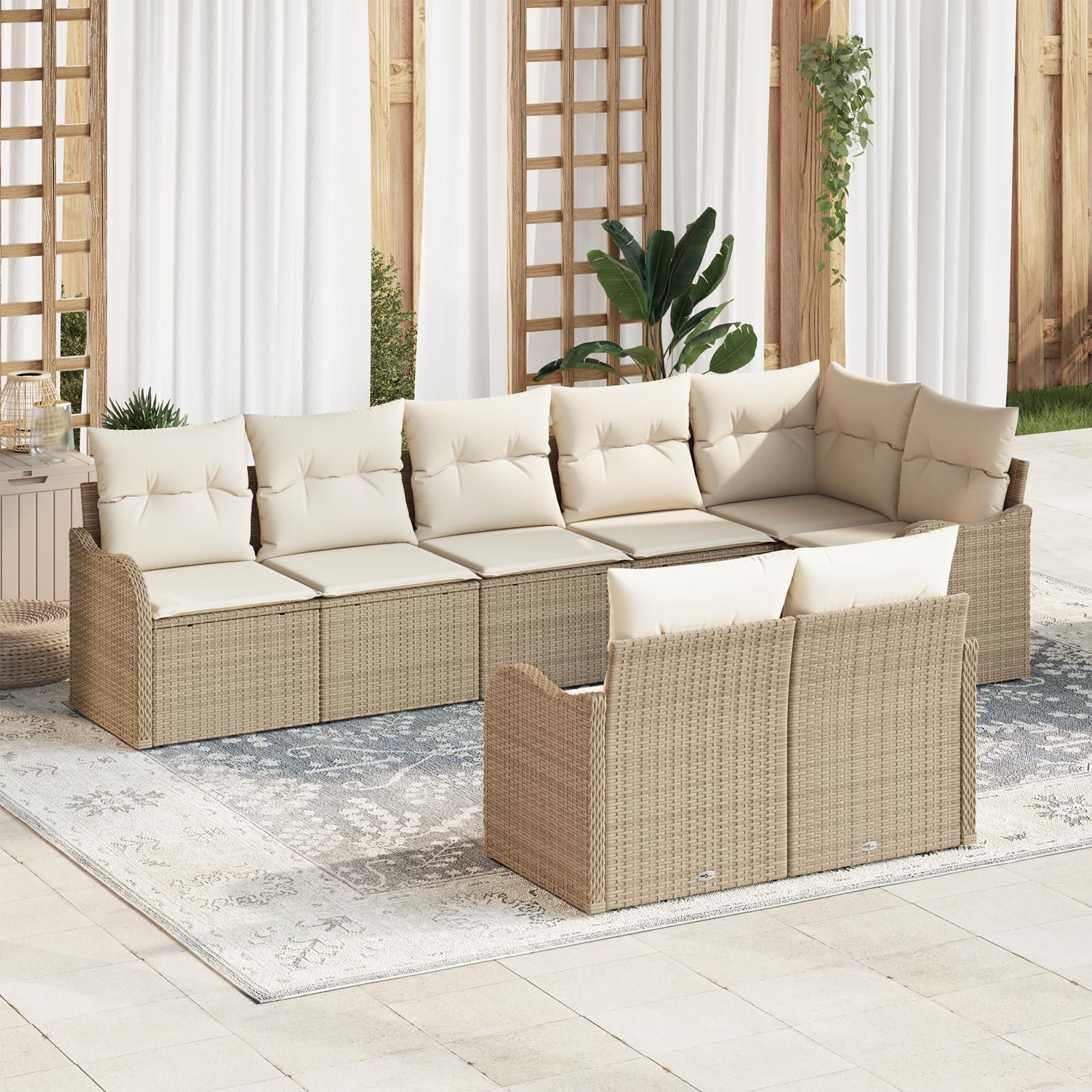8-delt Have Sofa Sæt med Puder Beige Poly Rattan&& 2-personers Have Sofa med Opbevaring & Puder Beige Poly Rattan