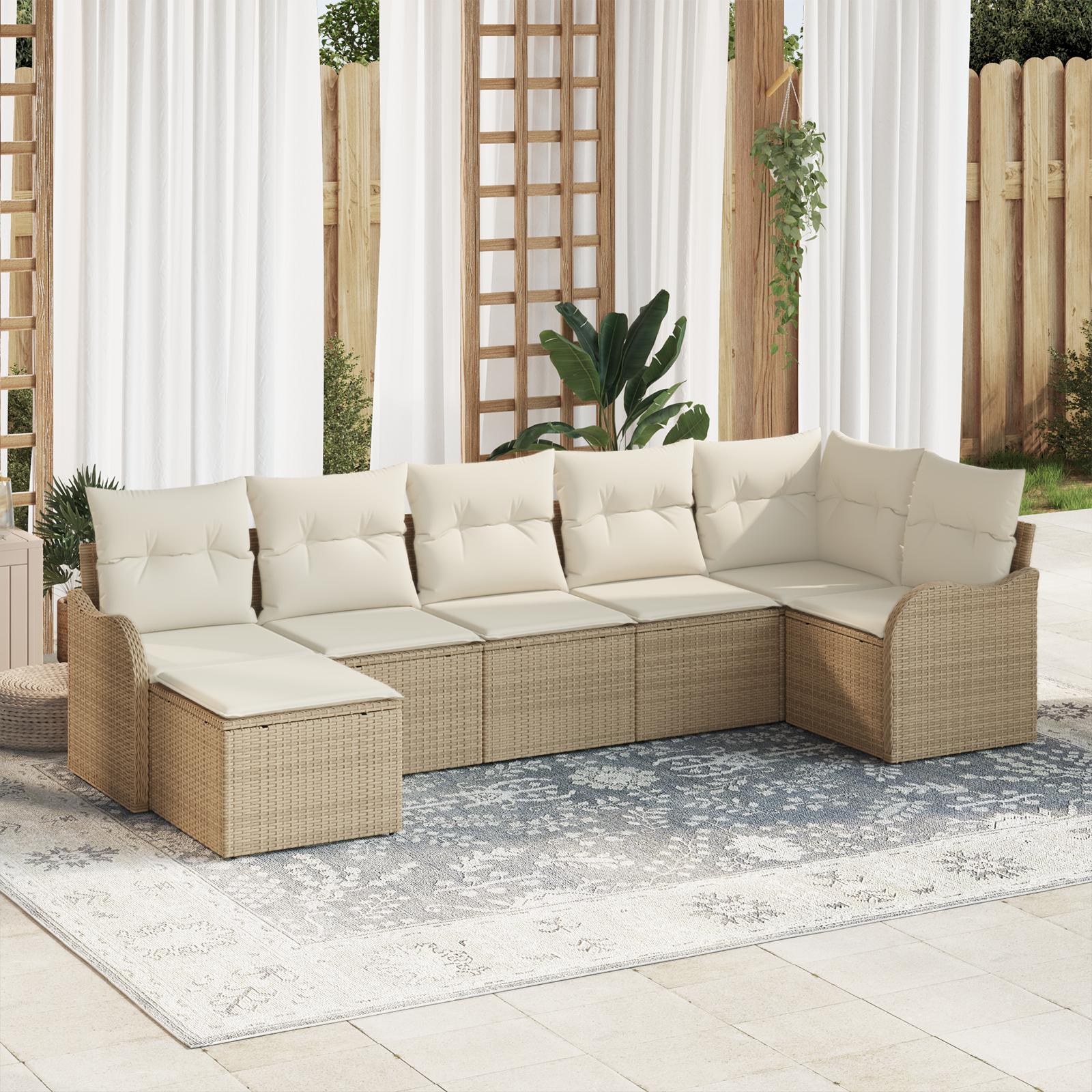 7-delt have sofa sæt med hynder beige poly rattan&& 2-personers have sofa med opbevaring & hynder beige poly rattan