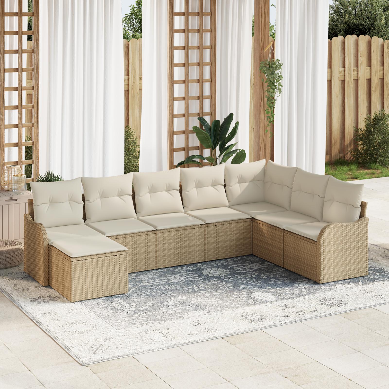 8-delers havesofa sæt med puder beige poly rattan&& 2-personers havesofa med opbevaring & puder beige poly rattan