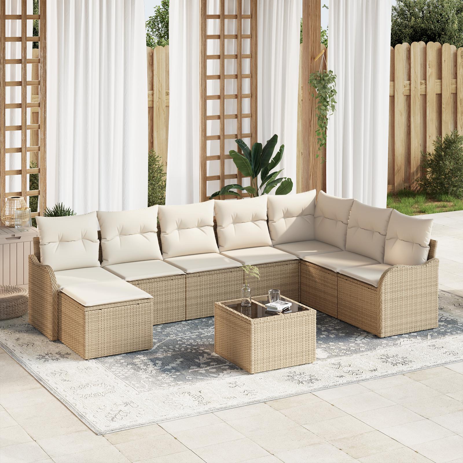 9 Stk Have Sofa Sæt med Hynder Brun Poly Rattan&& 2-personers Have Sofa med Opbevaring & Hynder Beige Poly Rattan