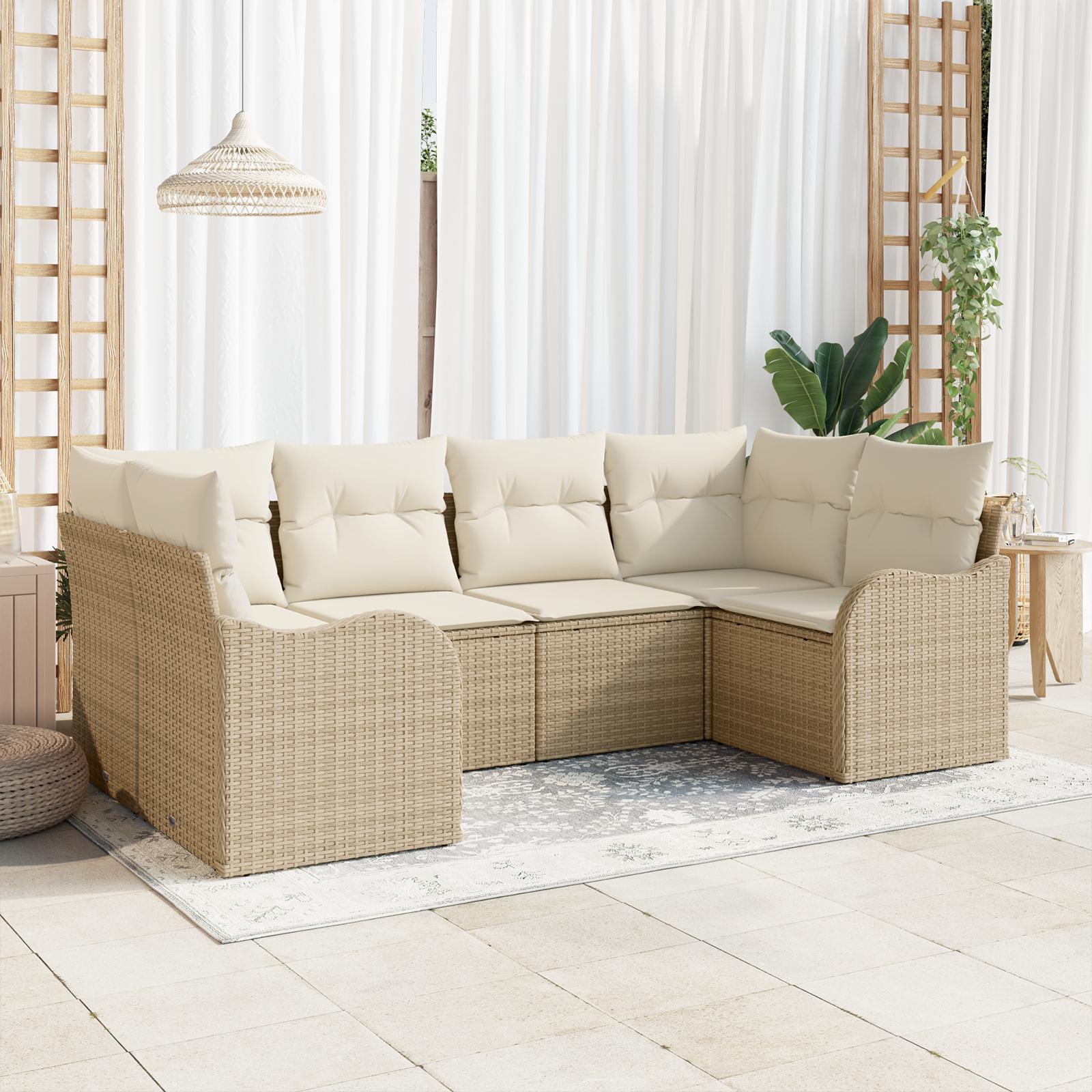 6 Dels Have Sofa Sæt med Puder Beige Poly Rattan&& 2-personers Have Sofa med Opbevaring & Puder Beige Poly Rattan