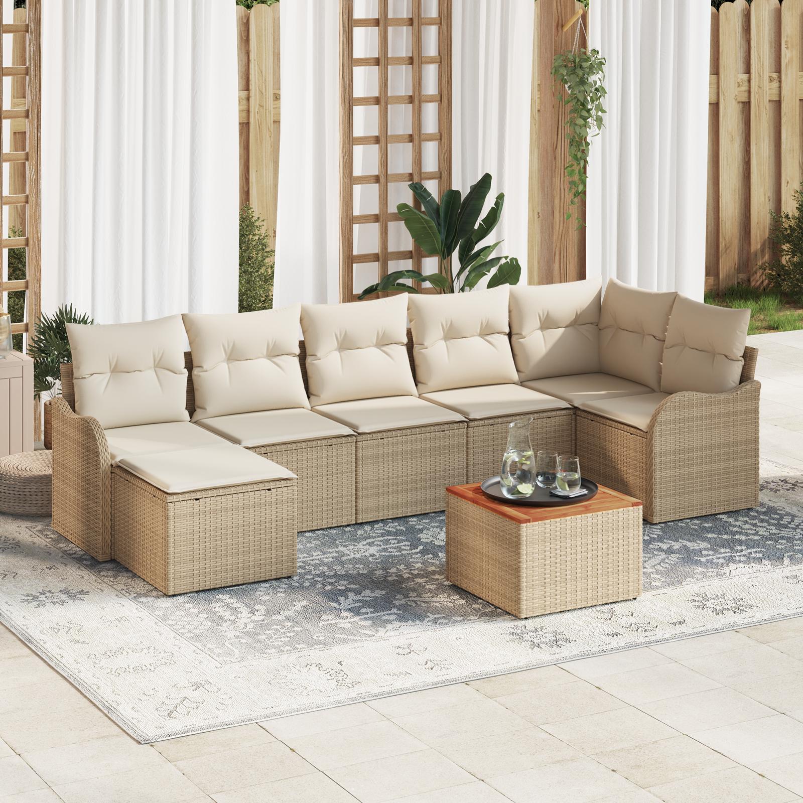 8 Delt Have Sofa Sæt med Puder Beige Poly Rattan Acacia&& 2-personers Have Sofa med Opbevaring & Puder Beige Poly Rattan