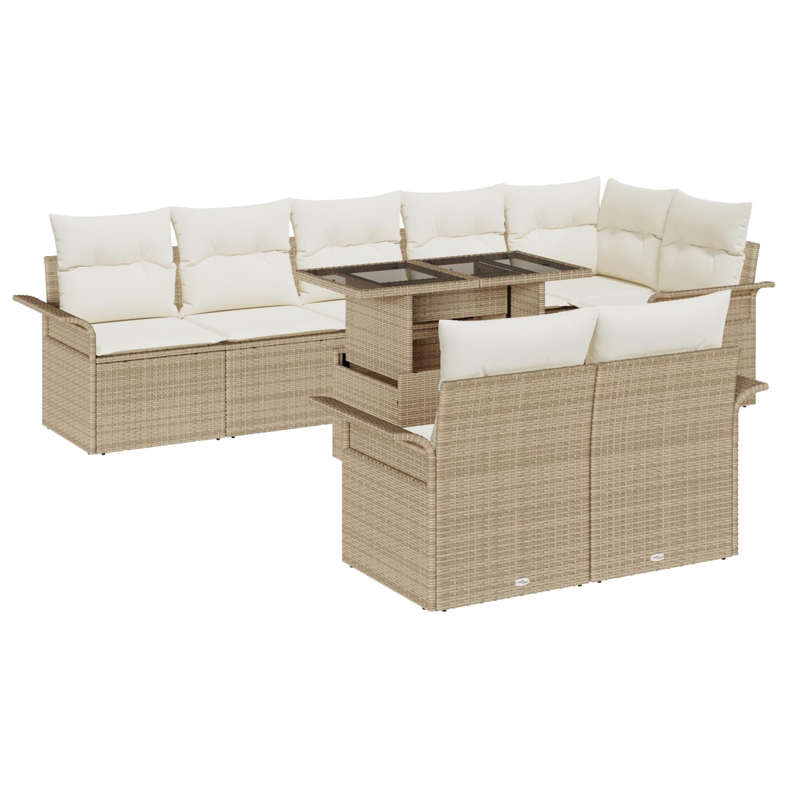 9 Deles Have Sofa Sæt med Puder Beige Poly Rattan&& 2-personers Have Sofa med Opbevaring & Puder Beige Poly Rattan